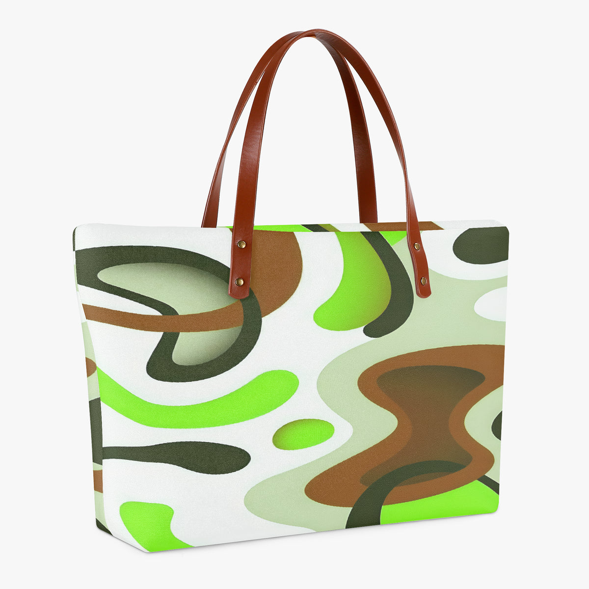 Schräge Seitenansicht der Tasche mit Tiefe und Größentabelle