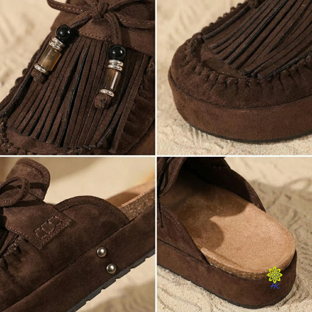 A four-panel close-up collage of a brown suede mule shoe. The top-left panel shows the front with fringe, decorative glass bottle charms, and a bow; the top-right shows the side profile with fringe and sole; the bottom-left shows the side with decorative metal studs; the bottom-right shows the open back and tan footbed.