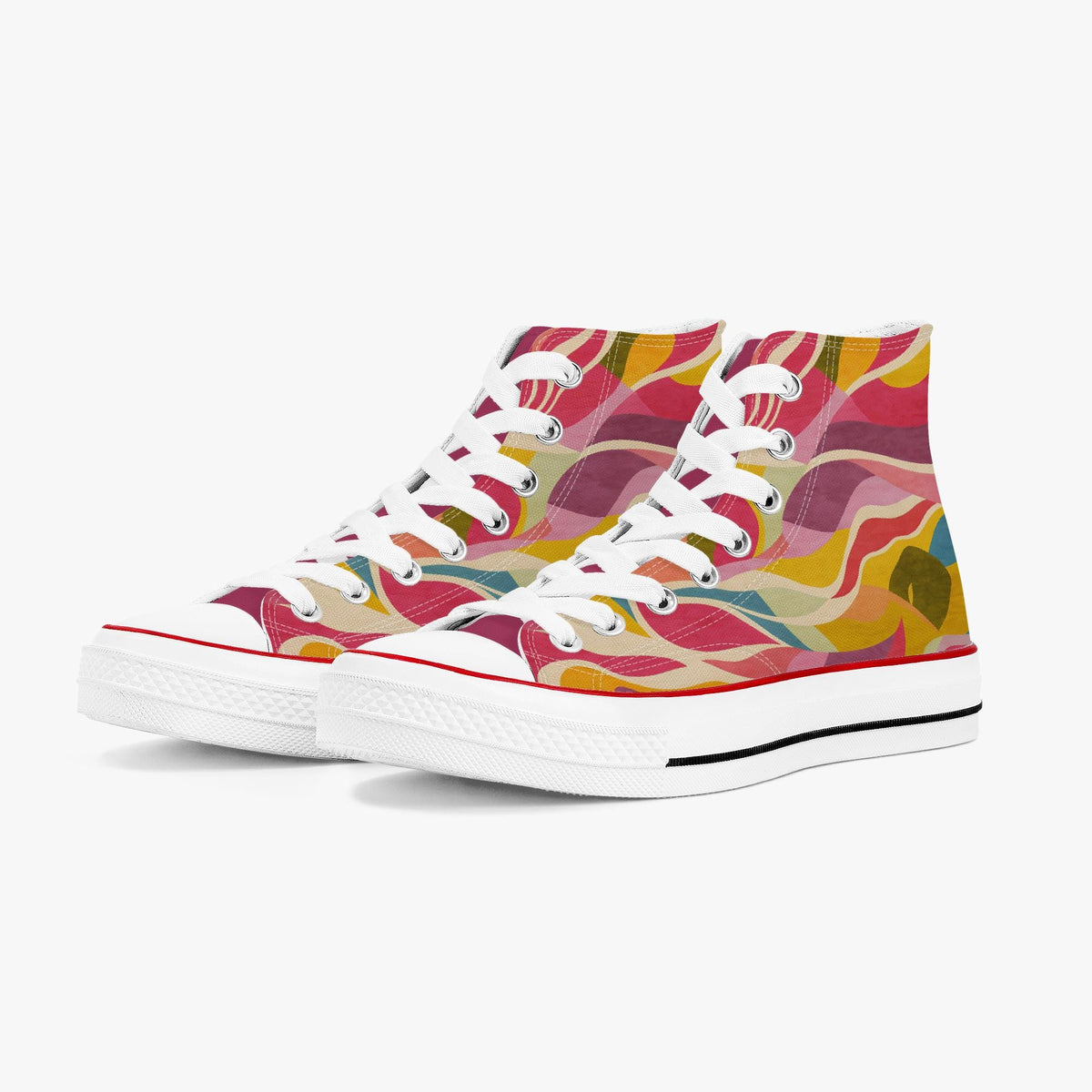 A pair of high-top canvas sneakers with a vibrant, multicolored abstract wavy pattern in pink, yellow, orange, and green, featuring white laces and white rubber soles.