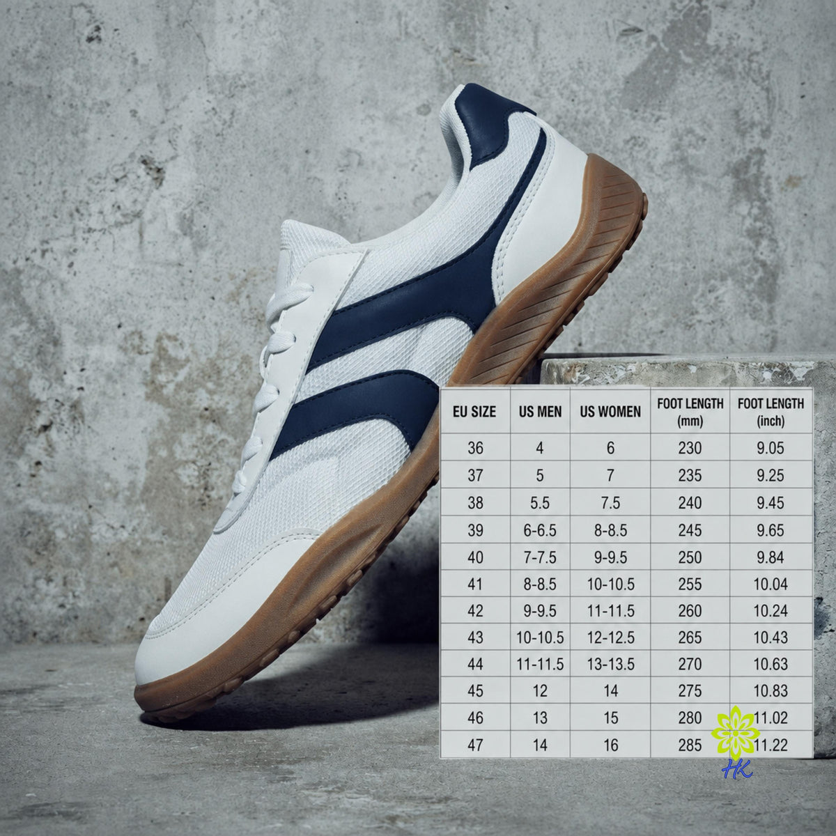 A white and navy blue athletic sneaker with a brown gum sole is shown against a textured gray concrete background, with a size conversion chart overlay in the bottom right corner.