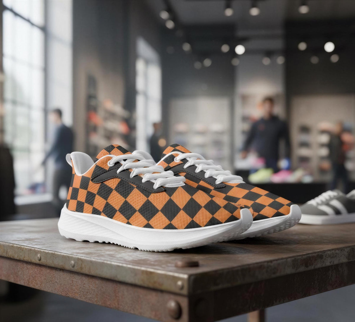 A pair of checkered orange and black sneakers is displayed on a table in a store, with other shoes visible in the background.