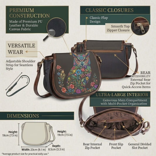 Owl crossbody bag front flap with rear zip pocket and dimension callouts showing interior layout