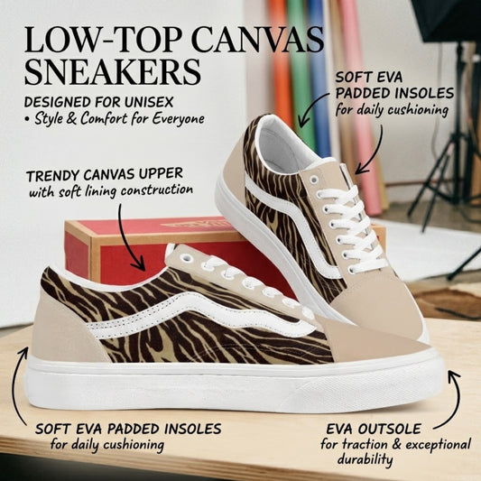 Low top canvas sneakers with callouts for canvas upper, EVA insoles and EVA outsole