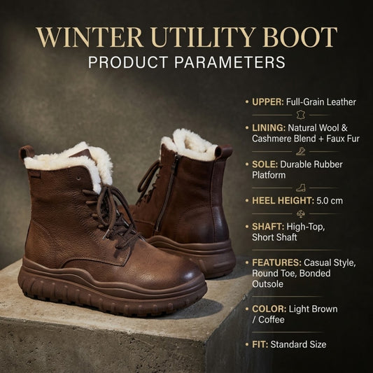 Product parameters infographic for brown platform winter boots listing upper, lining, sole and heel
