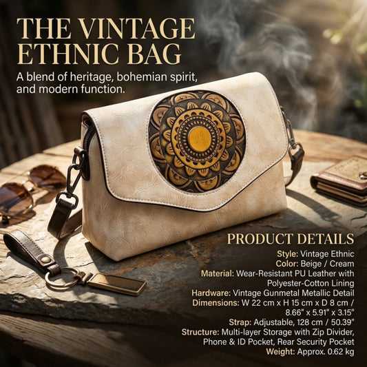 Vintage ethnic style cream faux leather handbag with a large circular mandala print on the front flap, displayed on a rustic stone surface with product details and text overlays.