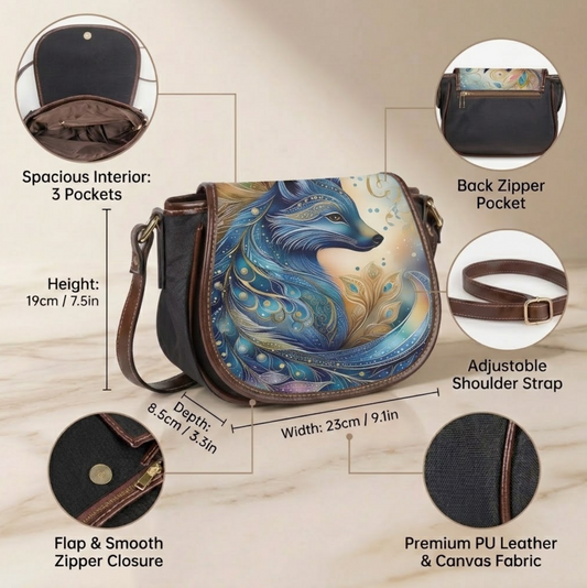 Blue Fox Art Canvas & PU Leather Saddle Crossbody Bag
