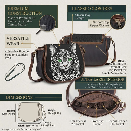 Cat saddle bag front, rear and interior views with dimension and feature callouts