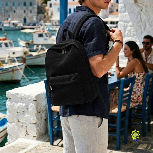 Black Corduroy Everyday Campus Backpack with Front Zip Pocket