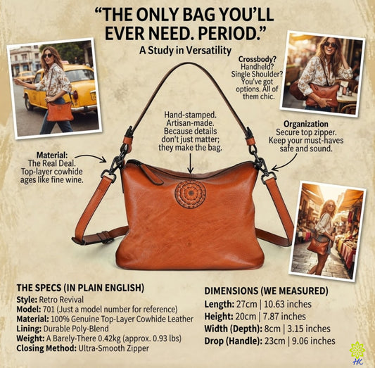 Specification infographic for a leather crossbody bag showing length, height, width, handle drop and weight