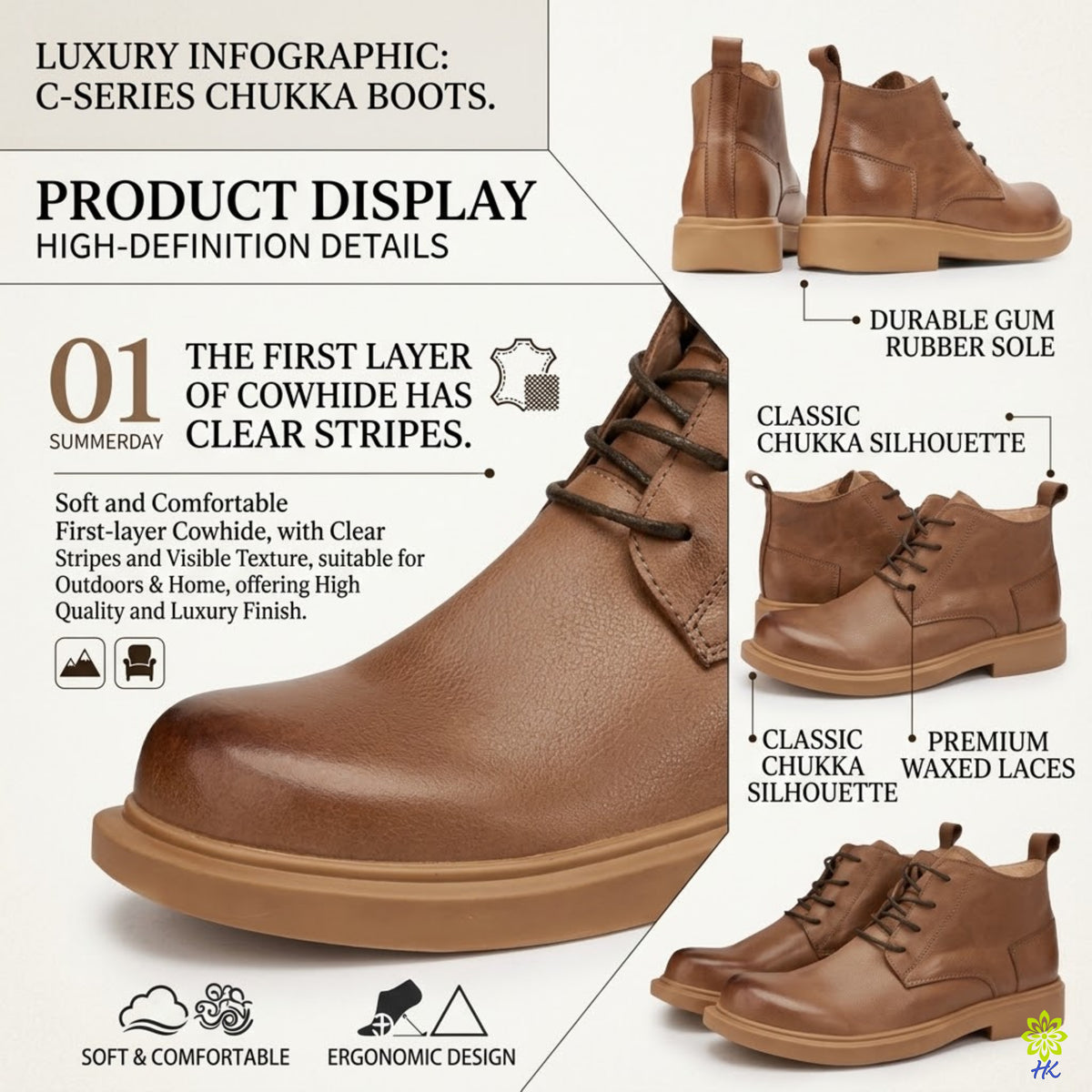 Men's Cowhide Leather Round-Toe Lace-Up Ankle Boots