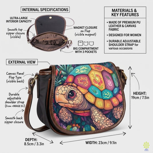 Colorful Turtle Print Canvas & PU Leather Crossbody Bag