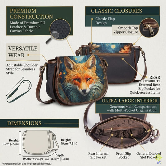 Fox Print Canvas & PU Leather Crossbody Bag