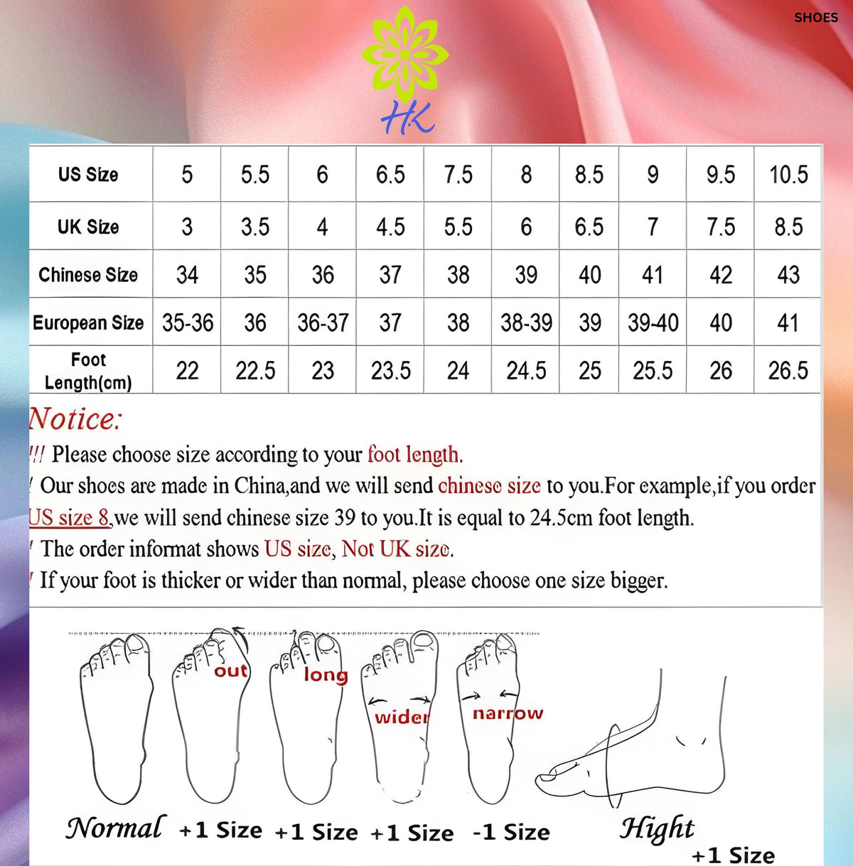 The image is a shoe size chart with foot length measurements and corresponding shoe size options. It provides a visual guide for choosing the appropriate shoe size based on the user's foot length.