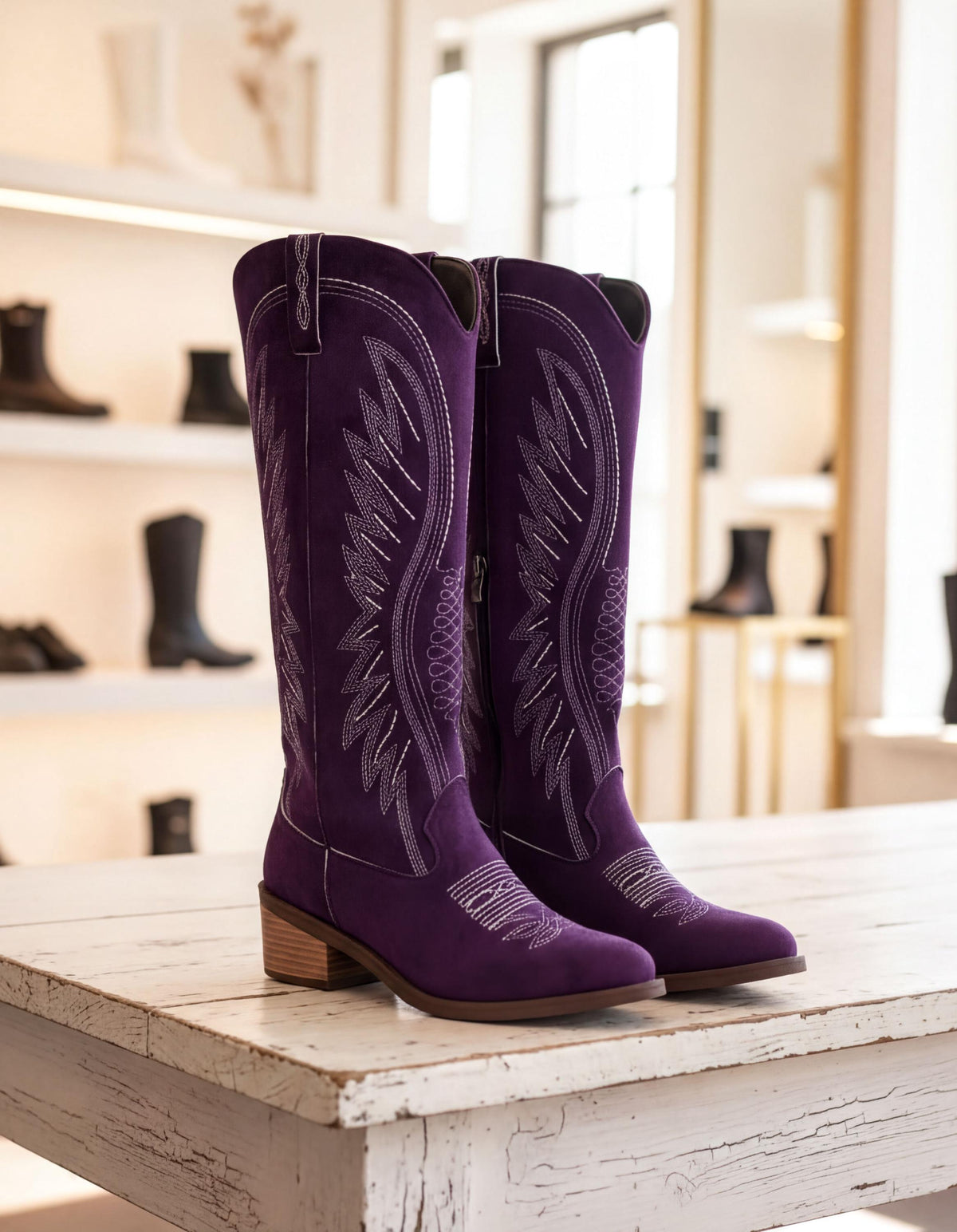 A pair of purple cowboy boots with white embroidered designs on the sides, displayed on a white wooden table.