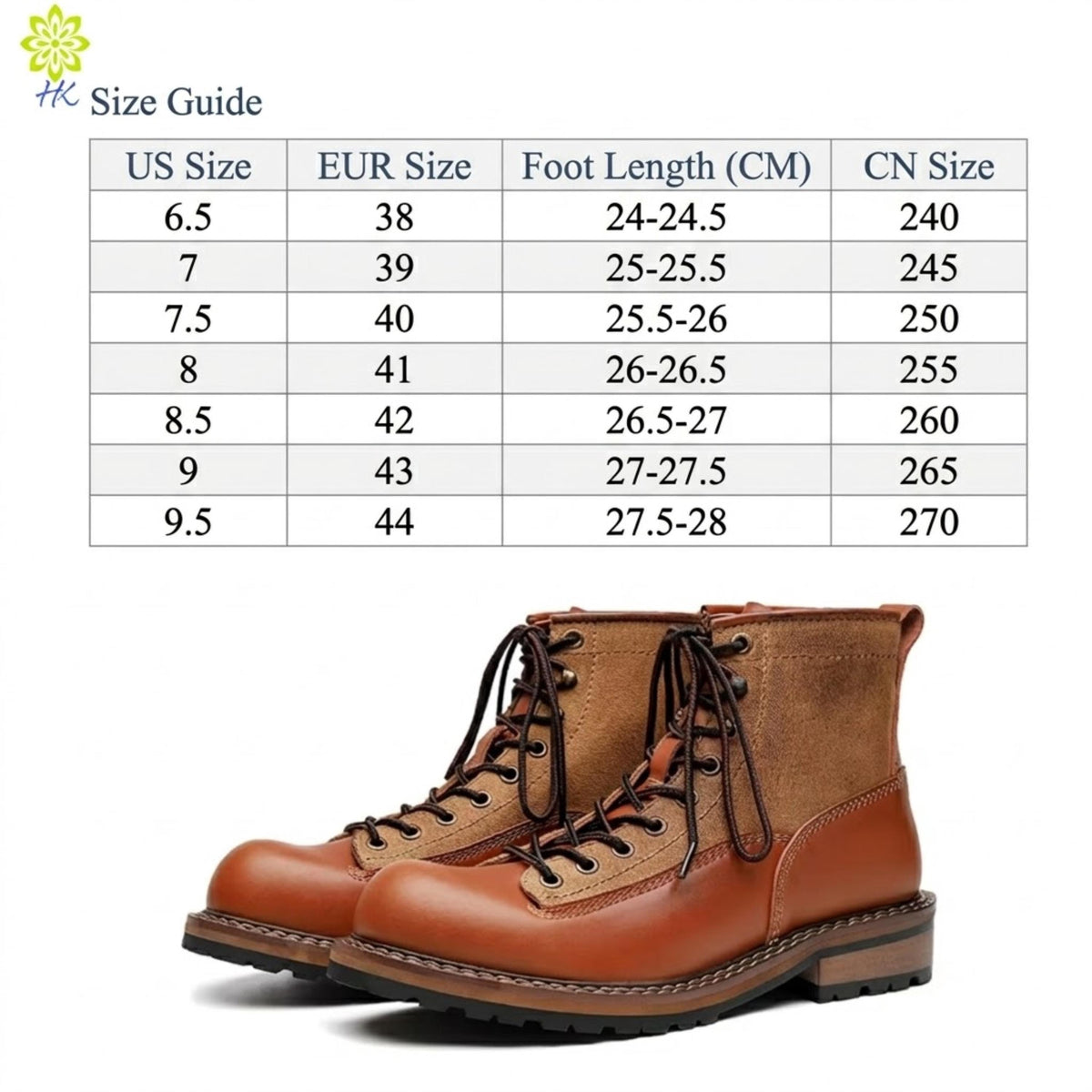 a pair of brown leather boots with a size guide below them, providing the US, EUR, and CM sizes for different foot lengths.