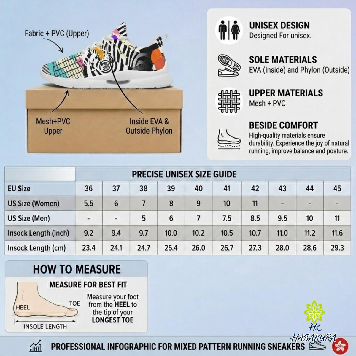 The image is a professional infographic for mixed pattern running sneakers, providing detailed information about the shoes, including their fabric and upper materials, sole materials, and measurements for various sizes.