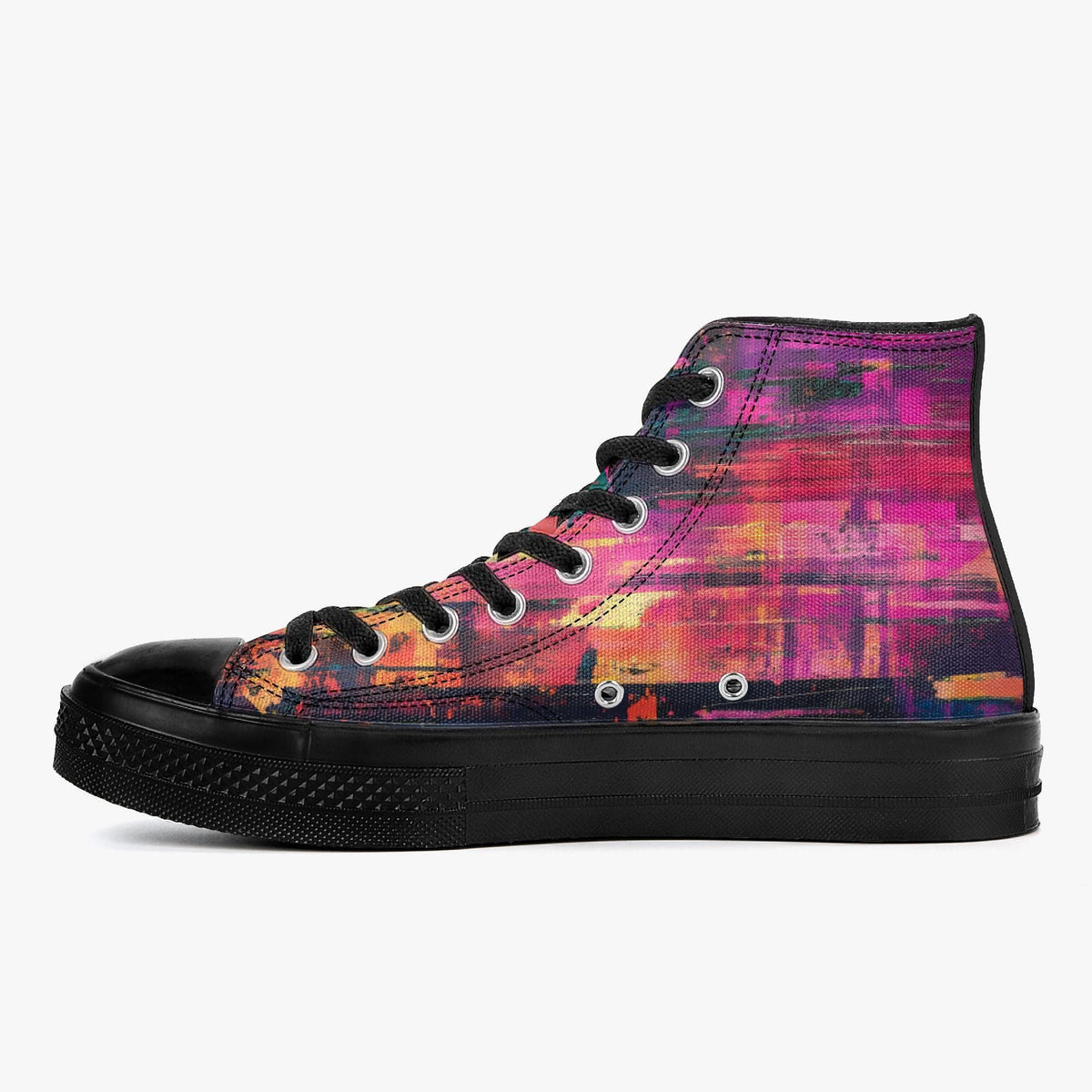 A colorful, patterned high-top sneaker with a black sole and laces.