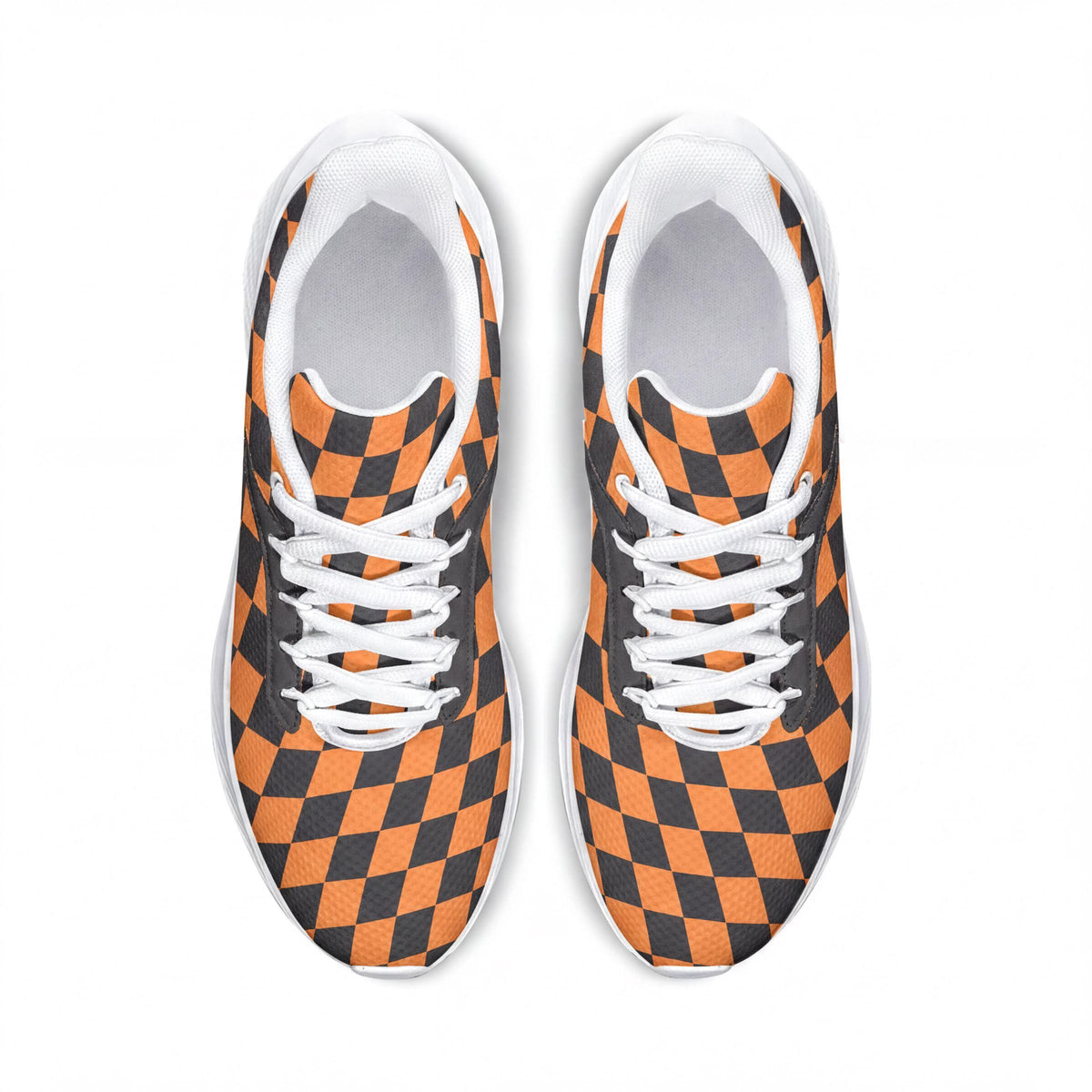 A pair of orange and black checkered sneakers with white laces.
