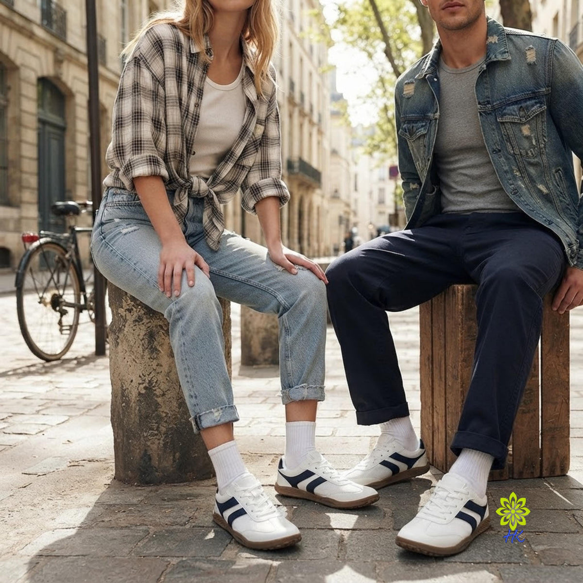A man and a woman sit on wooden blocks in an outdoor Parisian street setting, wearing white low-top sneakers with dark blue stripes. The woman wears a plaid shirt and light-wash jeans, and the man wears a distressed denim jacket and dark trousers.
