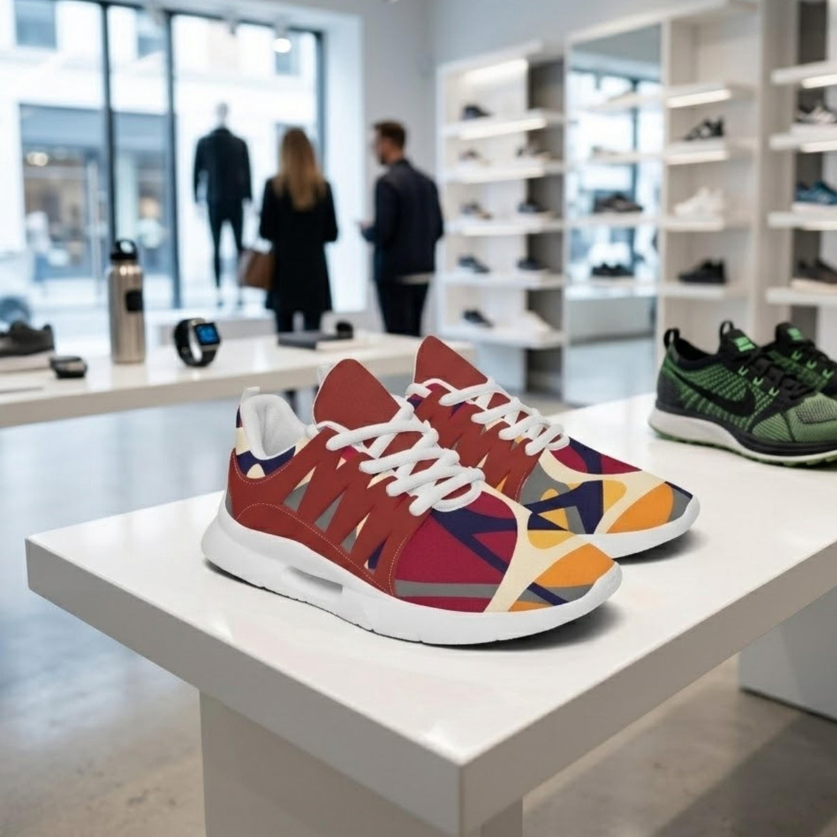 A pair of colorful sneakers on display in a store, with a blurred background showing other shoes and people browsing.