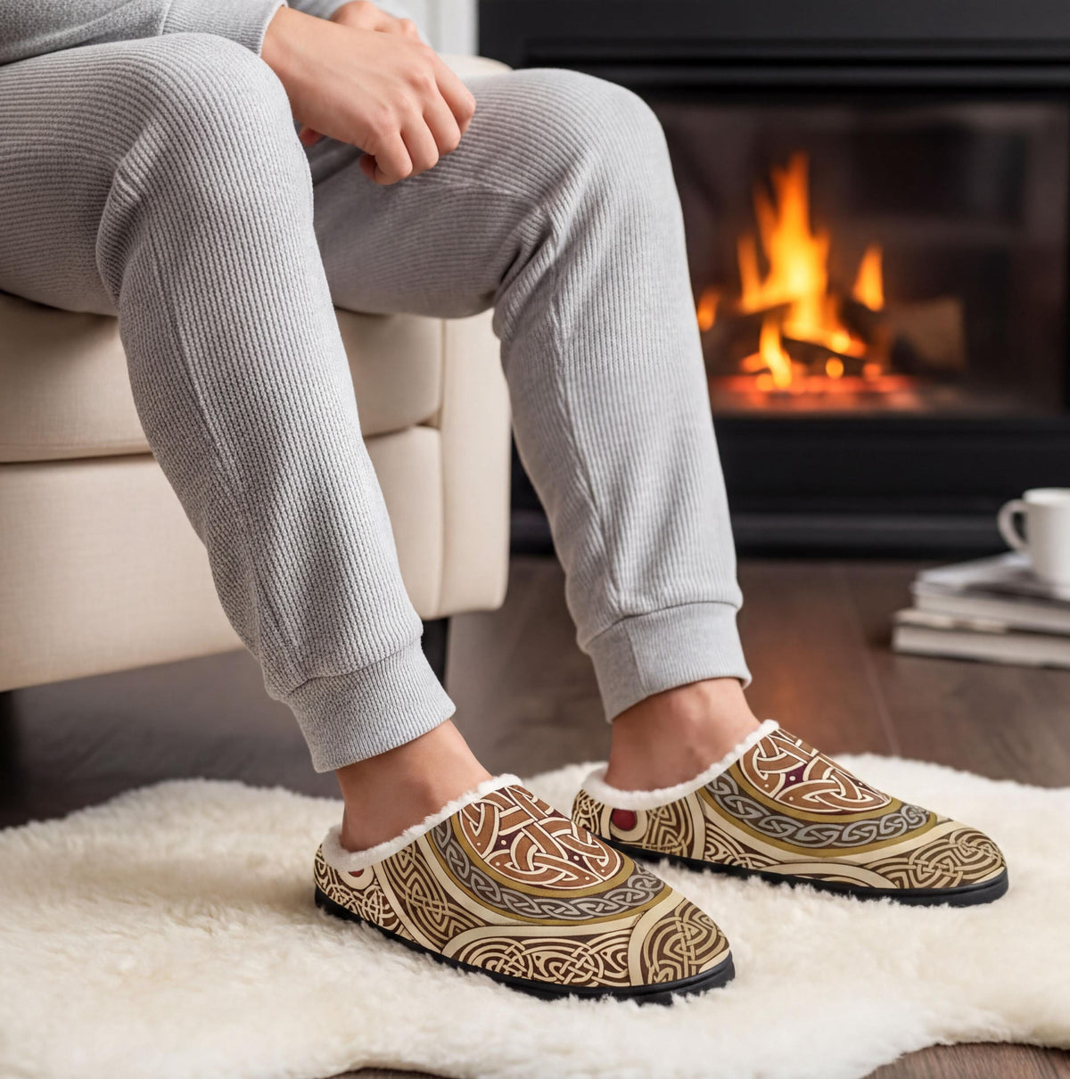 A person sitting in a chair in front of a fireplace, wearing gray sweatpants and patterned slippers.