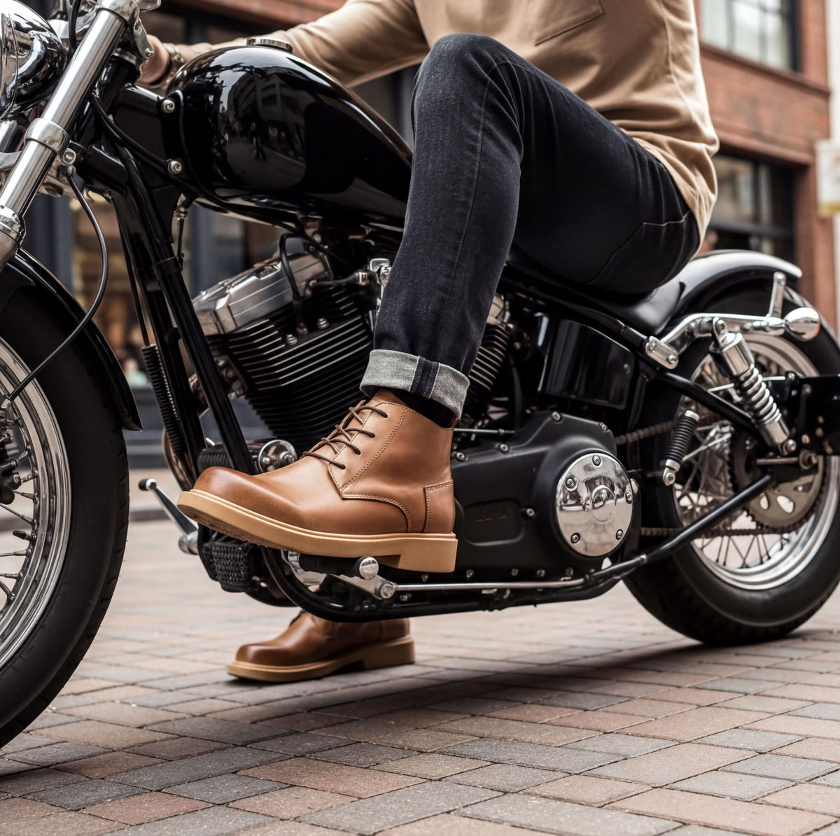 A person is sitting on a black motorcycle, wearing brown boots and jeans.