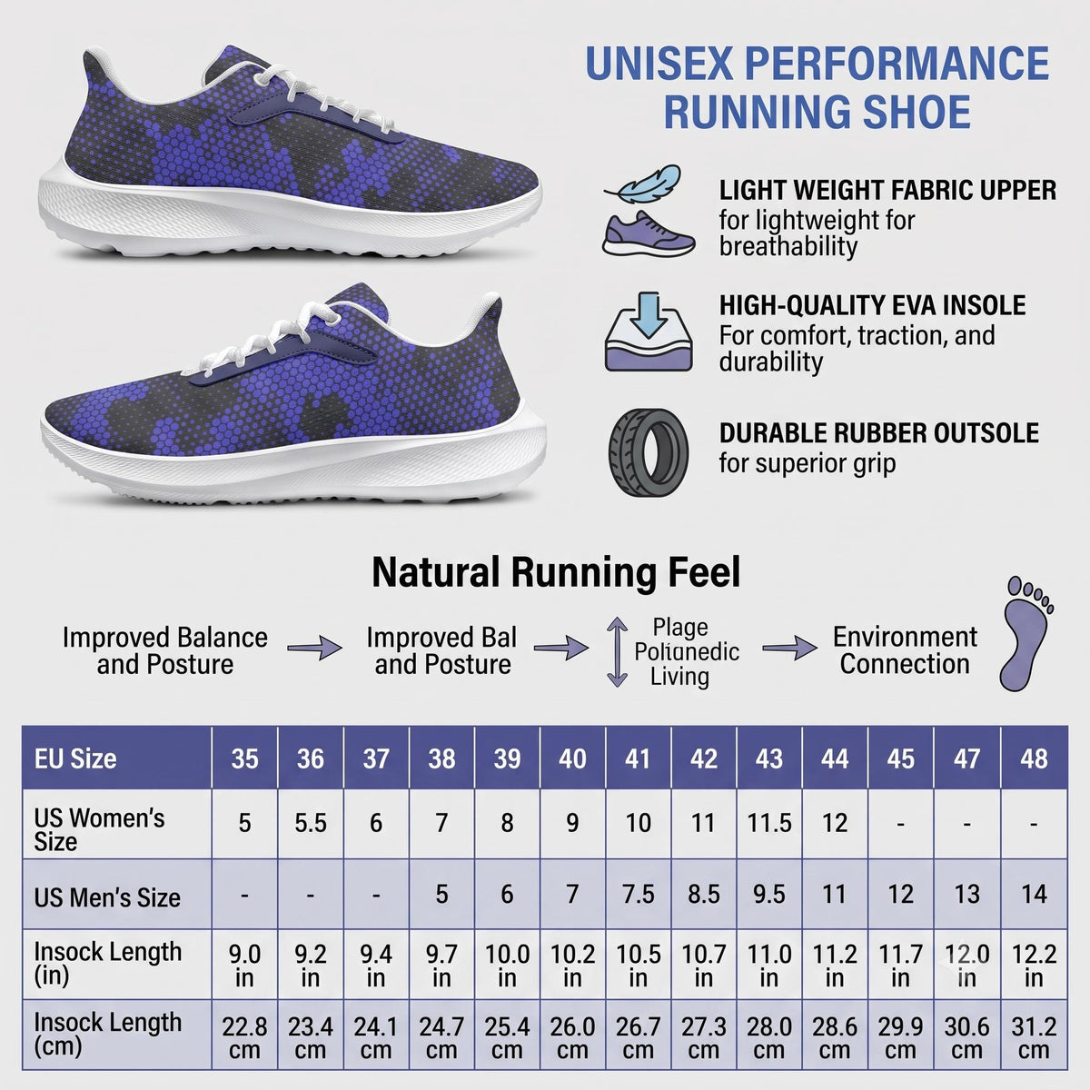 The image is a visual representation of a running shoe, highlighting its features and benefits for natural running feel. It includes a close-up view of the shoe, a comparison of different shoe sizes, and a table with measurements and corresponding shoe sizes.