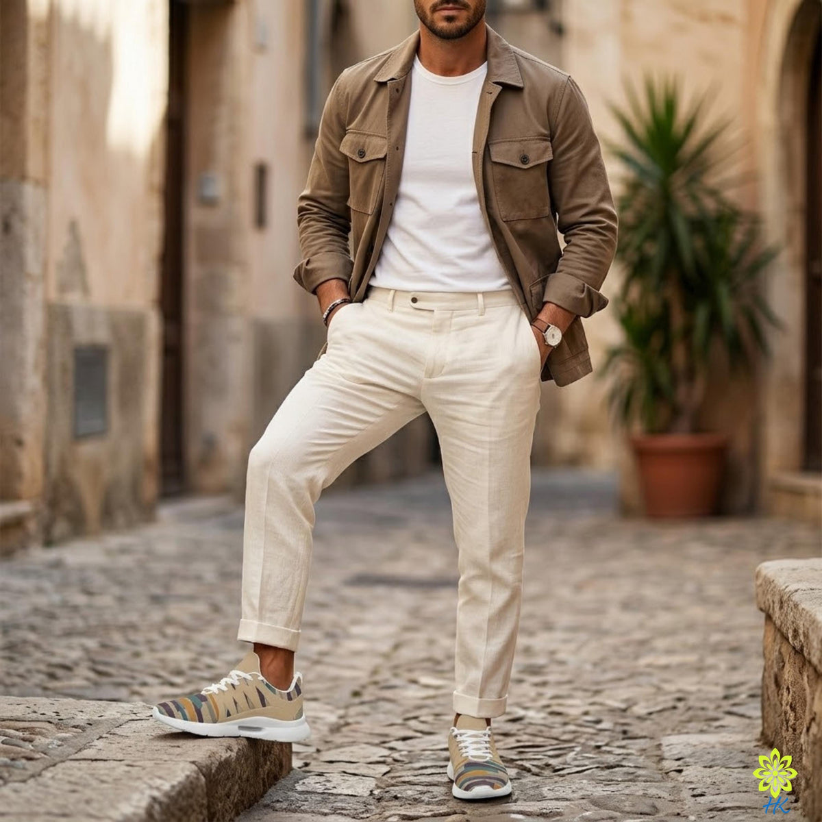 A man wearing a brown jacket, white pants, and beige sneakers is standing on a cobblestone street, with a potted plant and a building in the background.