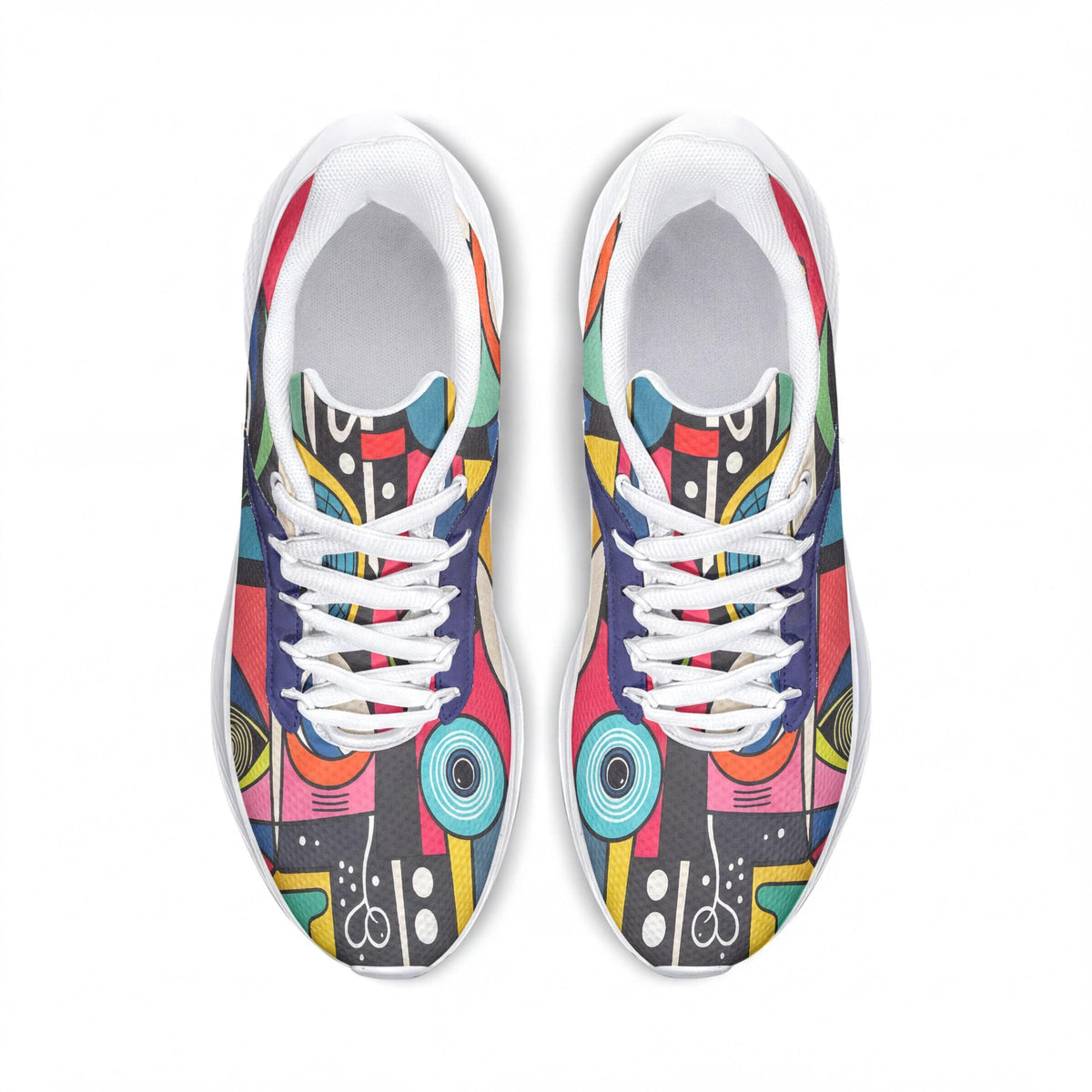 A pair of colorful, abstract-patterned sneakers with white laces.
