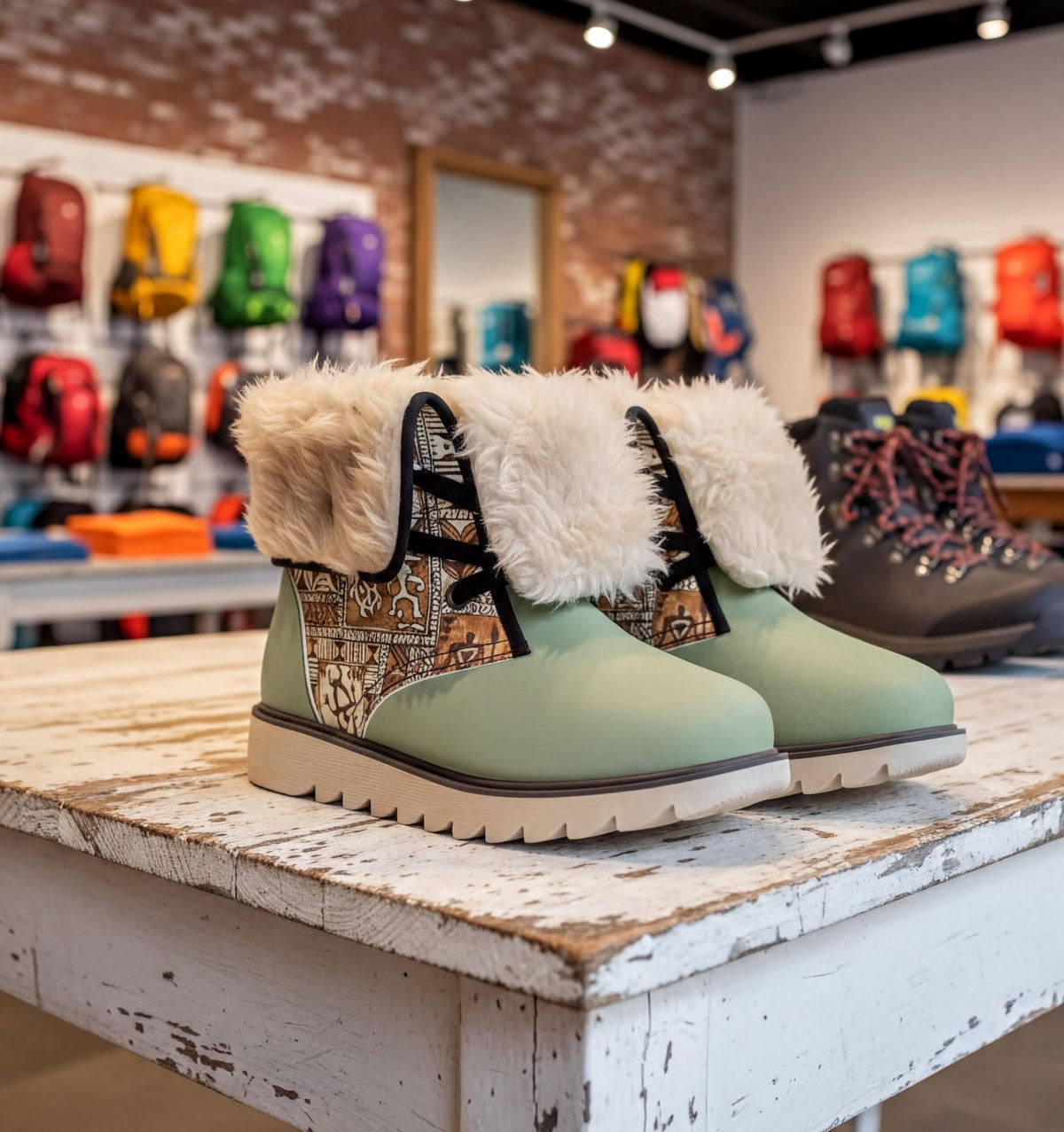 A pair of green boots with fur trim, displayed on a white table in a store with a variety of colorful backpacks in the background.