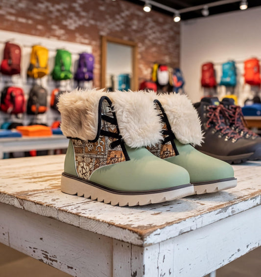 A pair of green boots with fur trim, displayed on a white table in a store with a variety of colorful backpacks in the background.