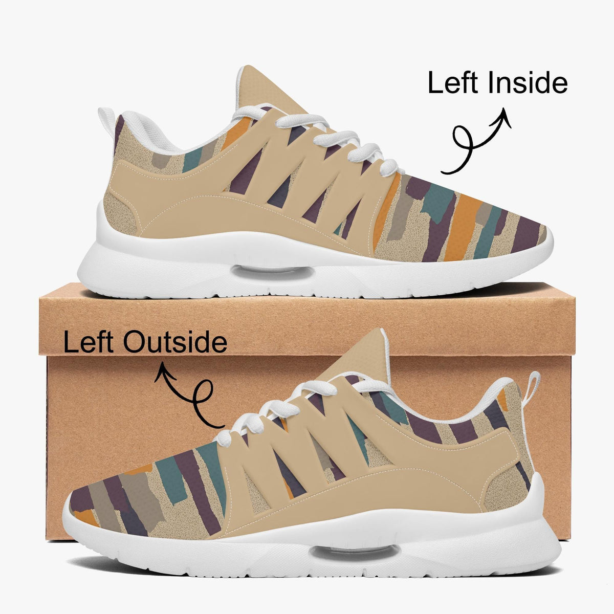 a pair of colorful sneakers with a patterned design, displayed on top of a cardboard box.