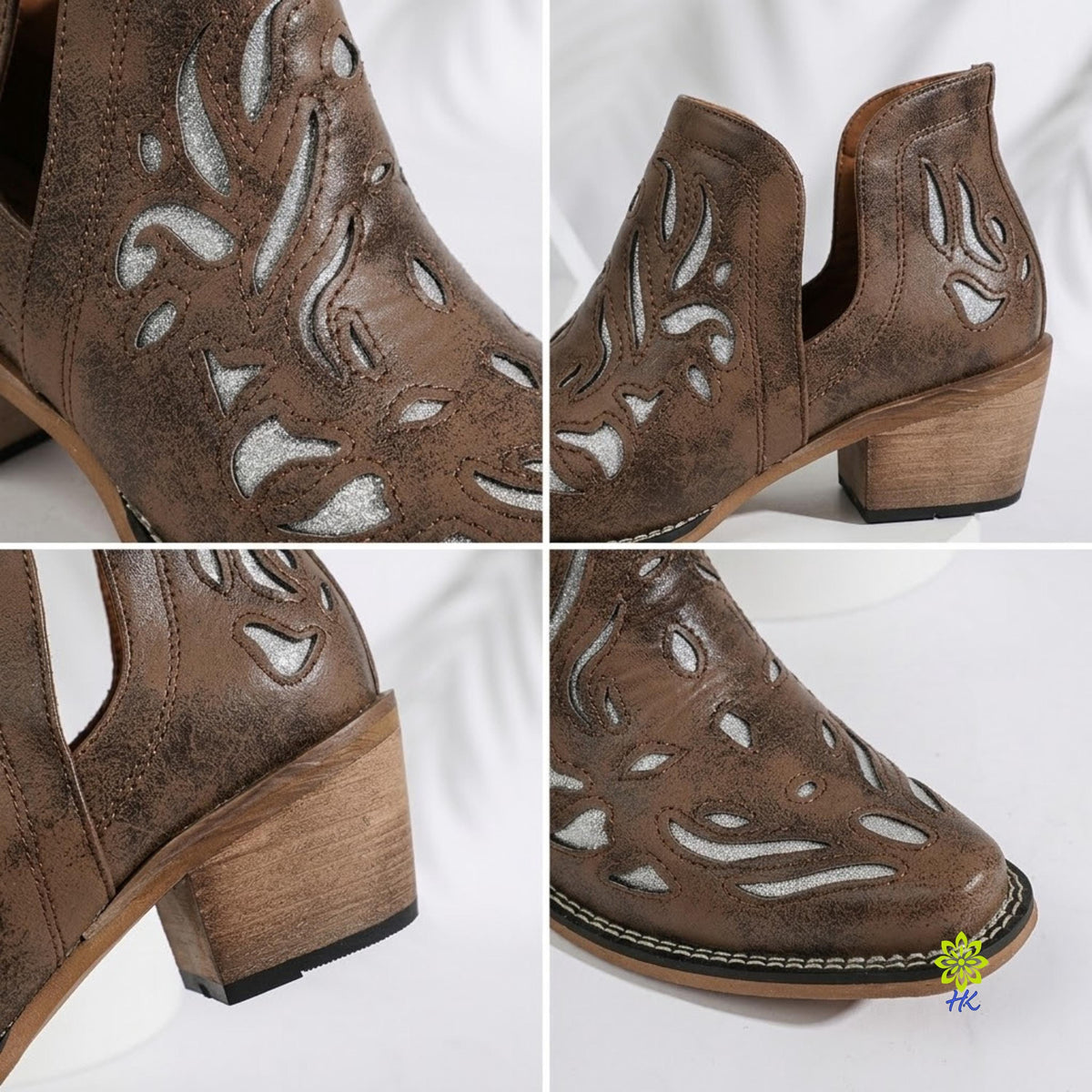 Brown PU Western Ankle Boot with Cutout Detail and Chunky Heel
