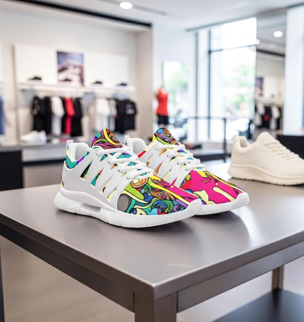 A pair of colorful, patterned sneakers on display on a table in a retail store, with other clothing items visible in the background.