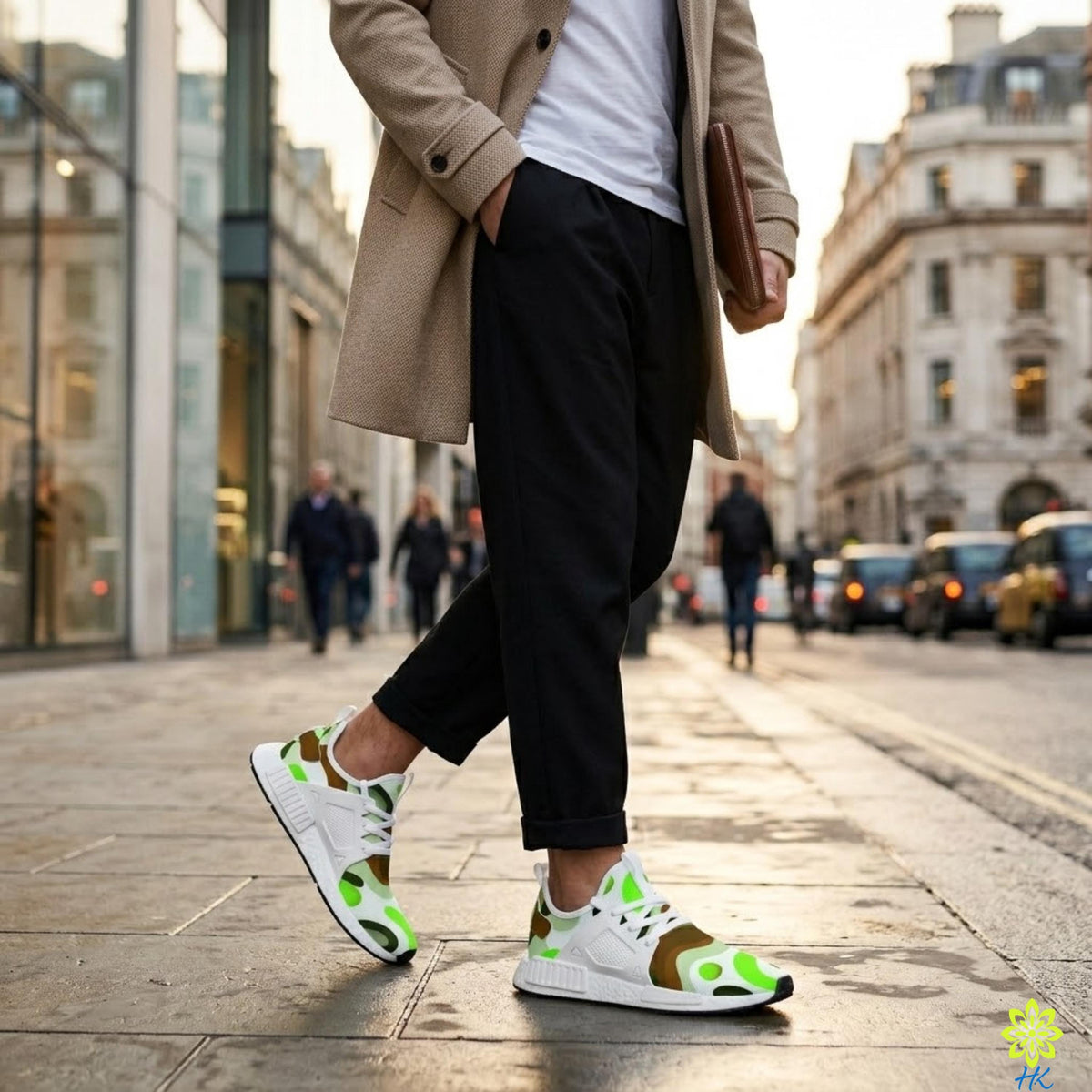 A person wearing a beige coat, black pants, and green and white sneakers is walking on a city sidewalk.