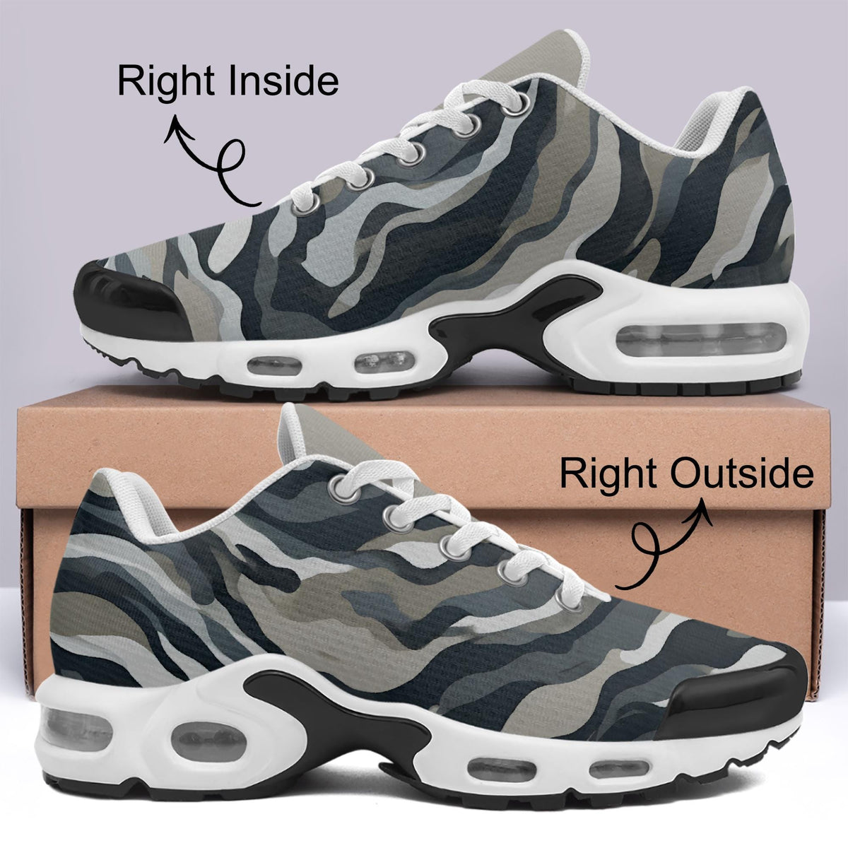 A pair of low-top sneakers with a gray, black, and white camouflage pattern, shown from both the right inside and right outside views, resting on a brown shoebox against a light lavender background.