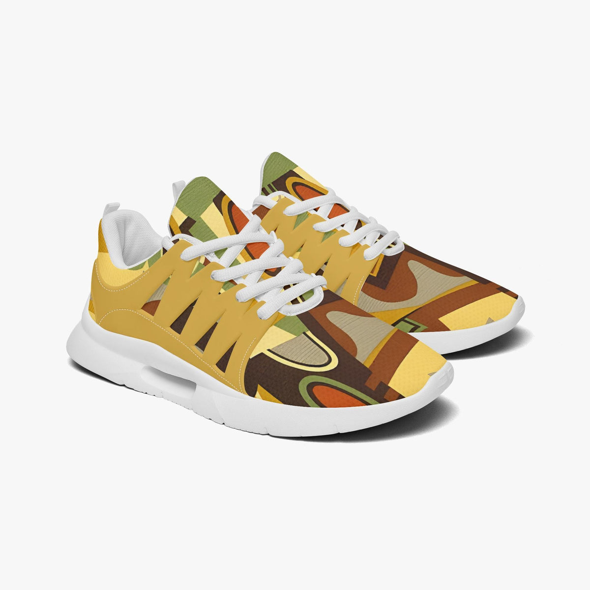 A pair of colorful sneakers with a geometric pattern on the side.