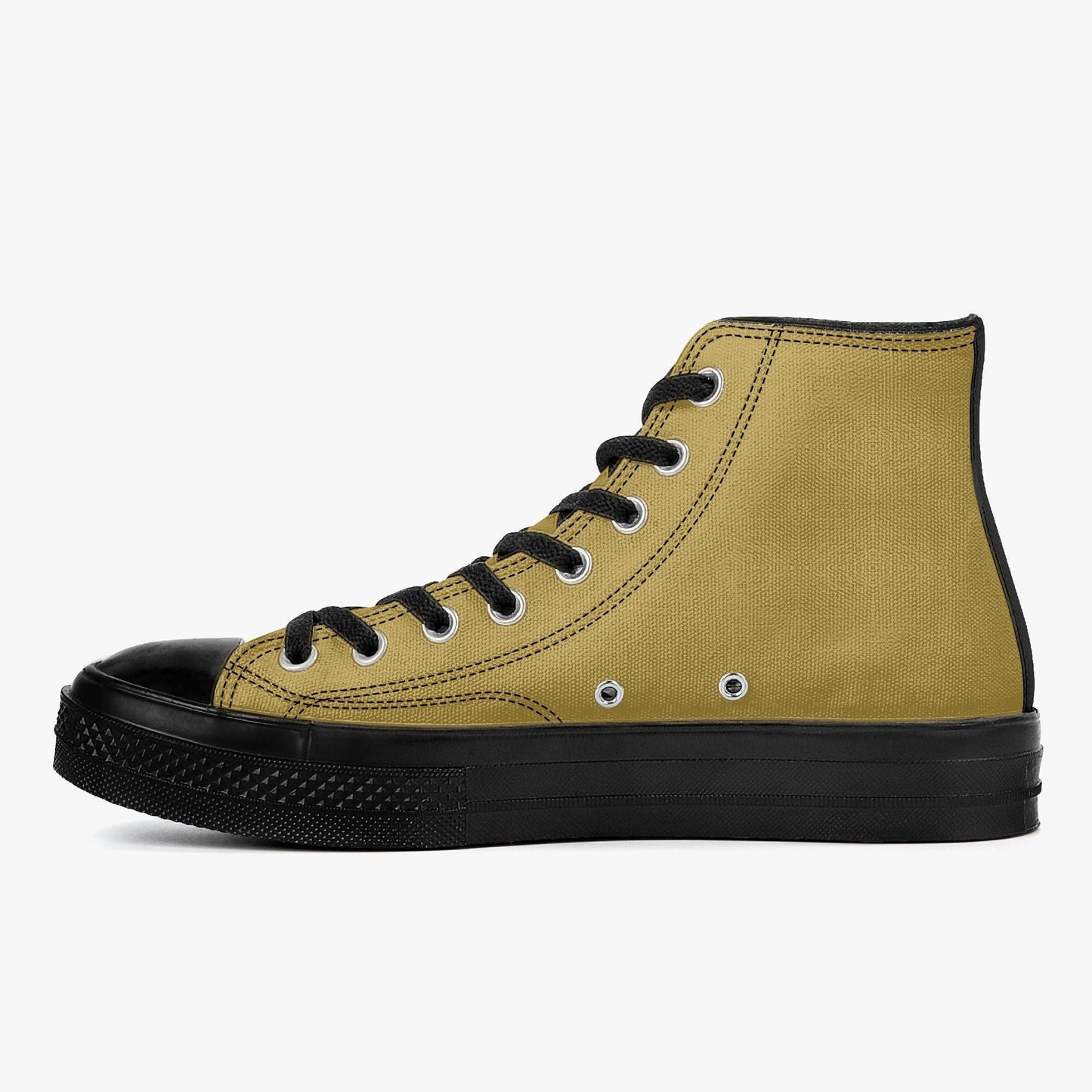 A yellow and black high-top sneaker with black laces and a black sole.