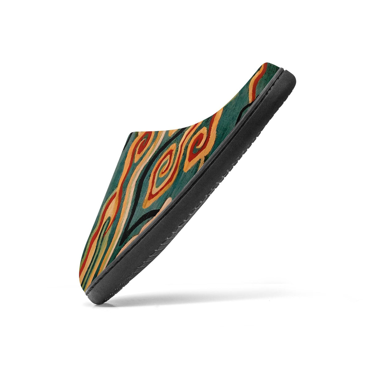 A colorful, abstract patterned shoe is shown against a white background.