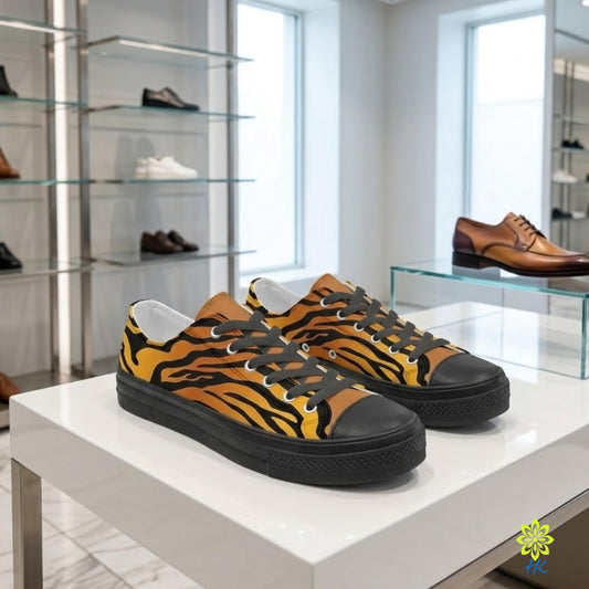 A pair of tiger-striped sneakers on display in a shoe store, with other shoes visible in the background.