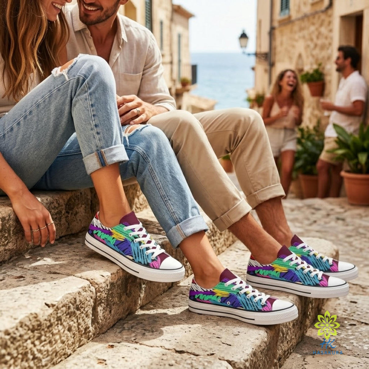 A couple sitting on stone steps, smiling and wearing colorful sneakers, with a scenic view of the ocean in the background.