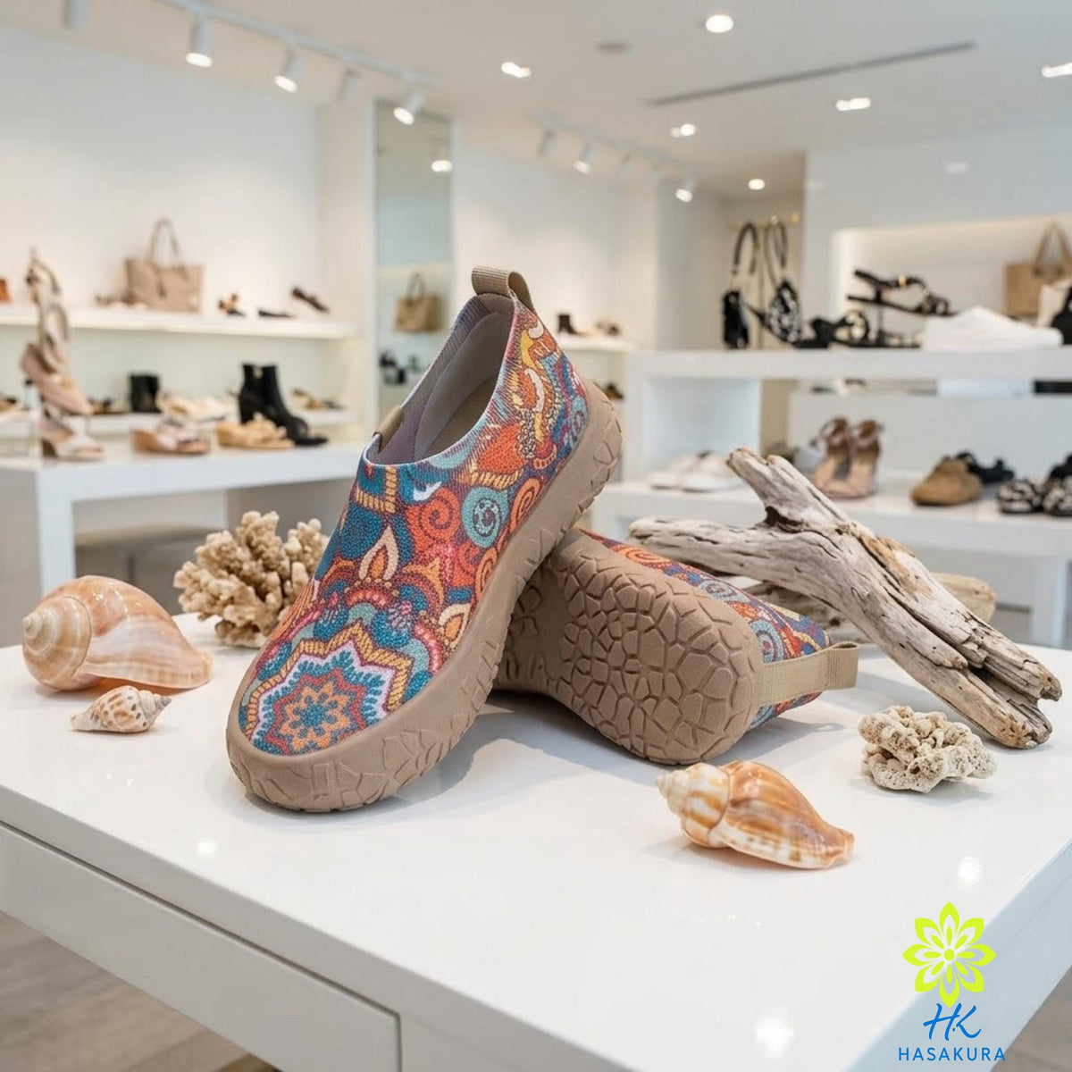 A colorful patterned shoe is displayed on a white table, surrounded by seashells and driftwood, in a well-lit store setting.