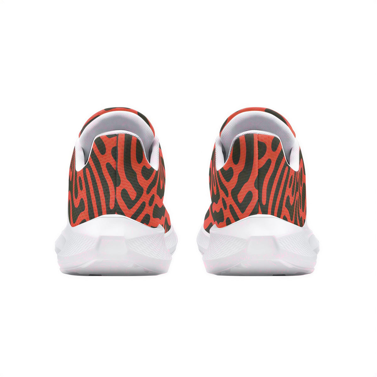 A pair of red and black zebra-print sneakers with white soles.