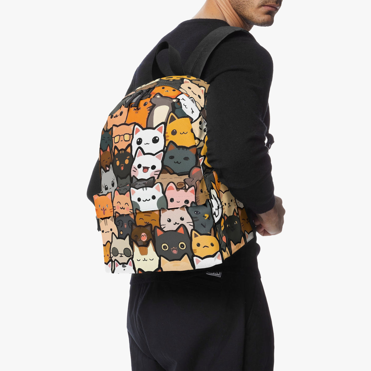 Cat print backpack S, M and L sizes shown in an infographic with tablet reference