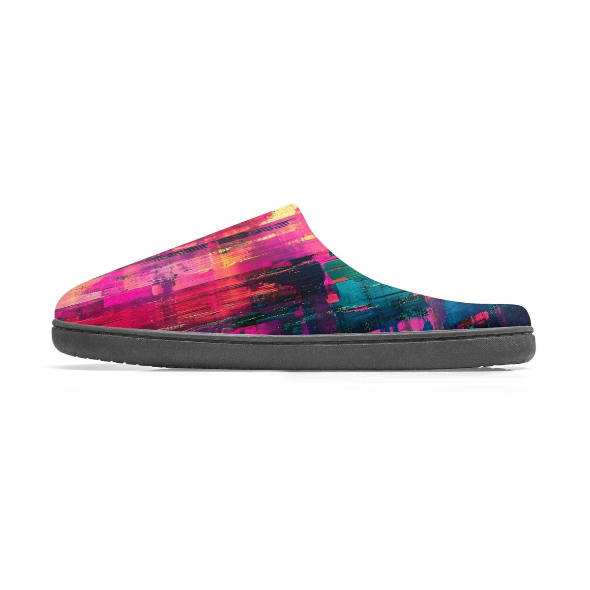 A colorful, abstract patterned shoe with a vibrant mix of pink, blue, green, and orange colors.