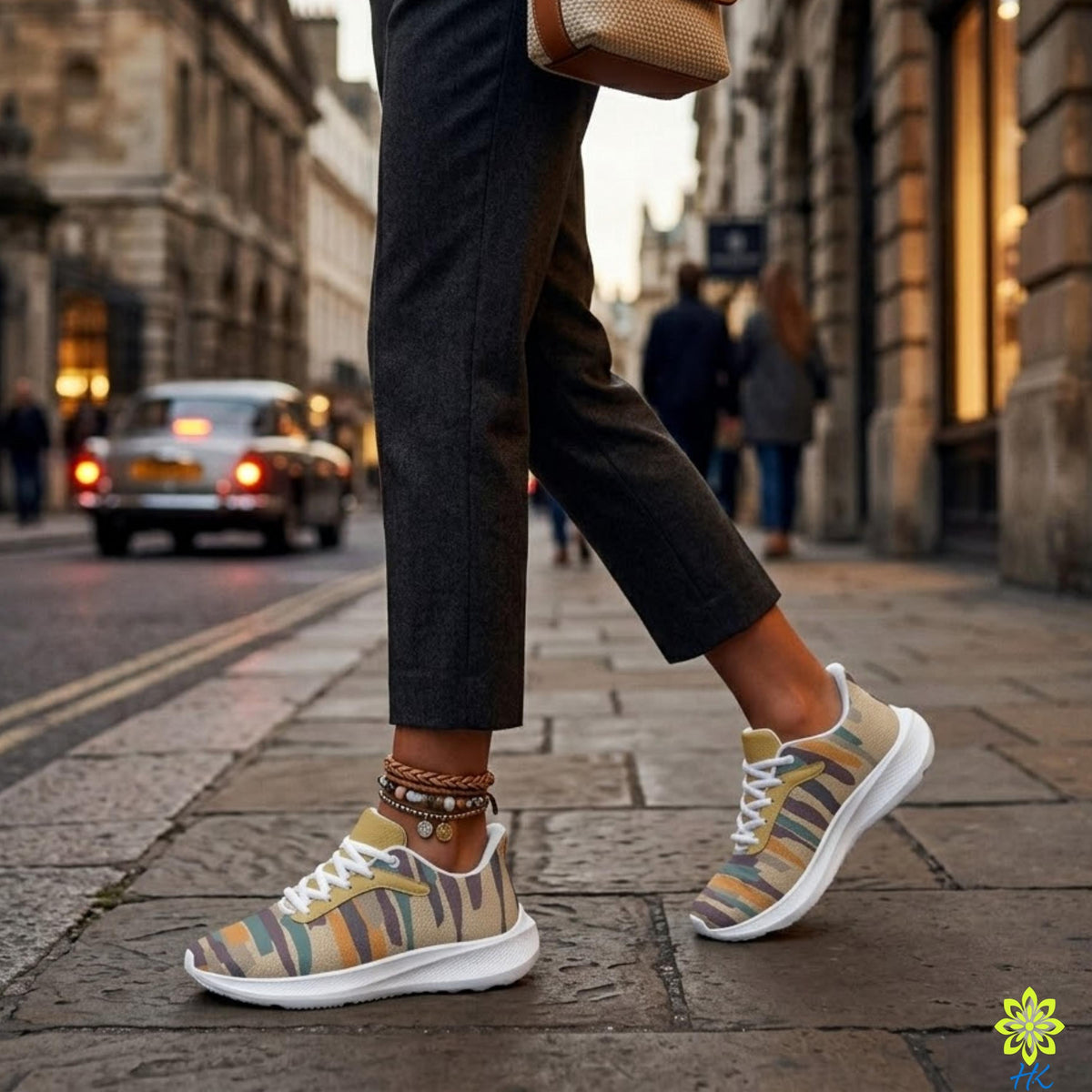 A person wearing black pants and colorful sneakers is walking on a city street, with a car and other pedestrians visible in the background.