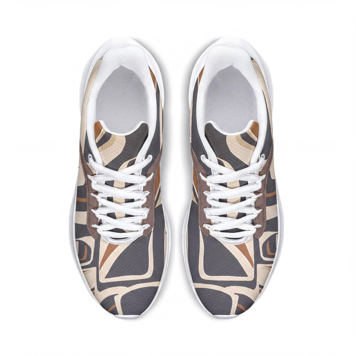 A pair of white and black patterned sneakers with a geometric design.