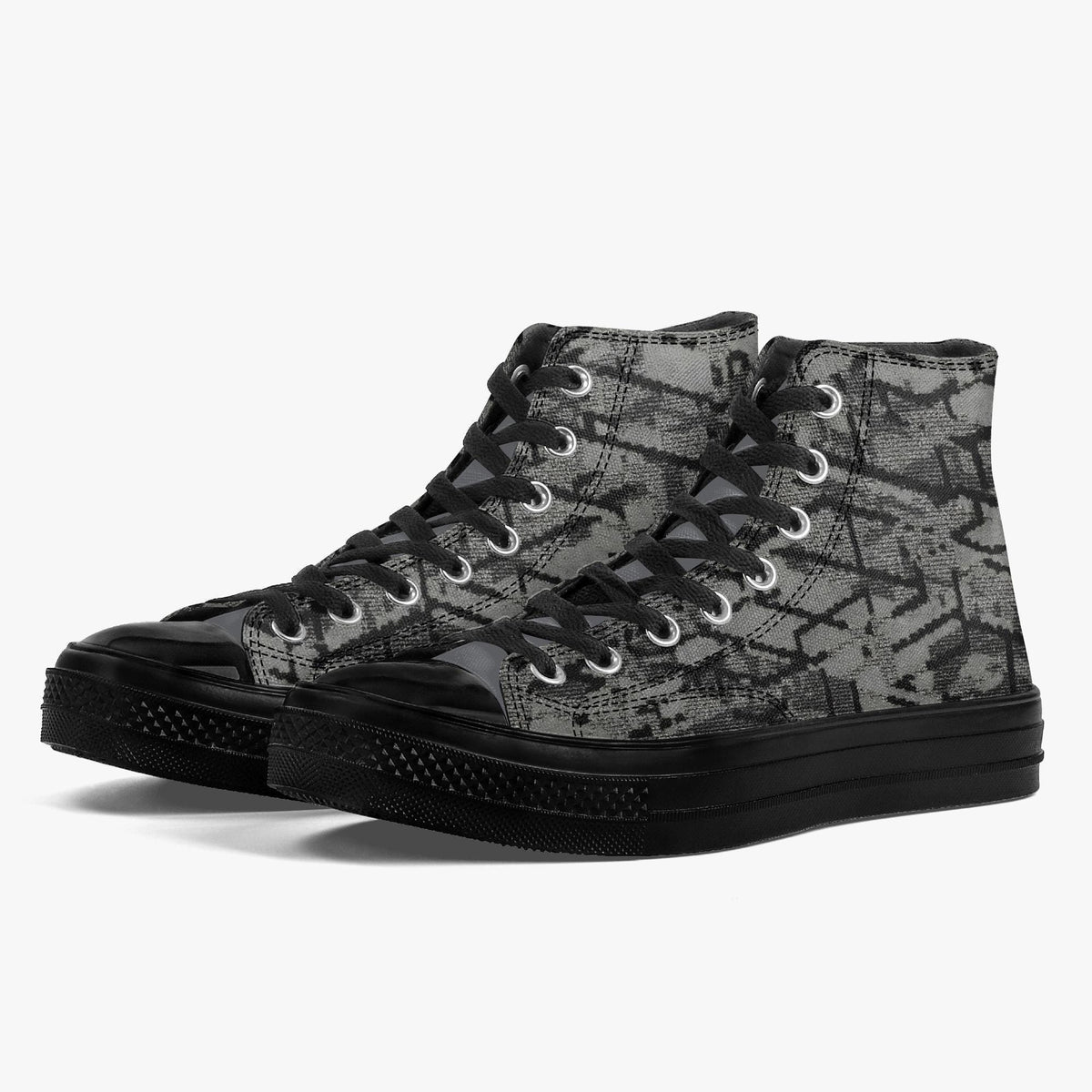 A pair of black and gray high-top sneakers with a textured pattern on the side.