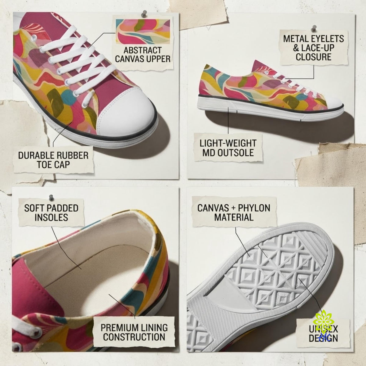 Colorful Abstract Canvas Sneakers – Unisex Low Top Lace-Up Shoes