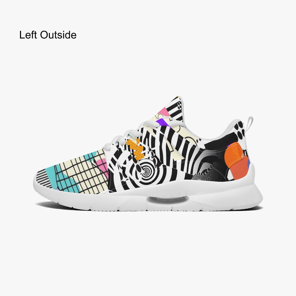A colorful and abstract sneaker with a mix of geometric shapes, patterns, and vibrant colors.